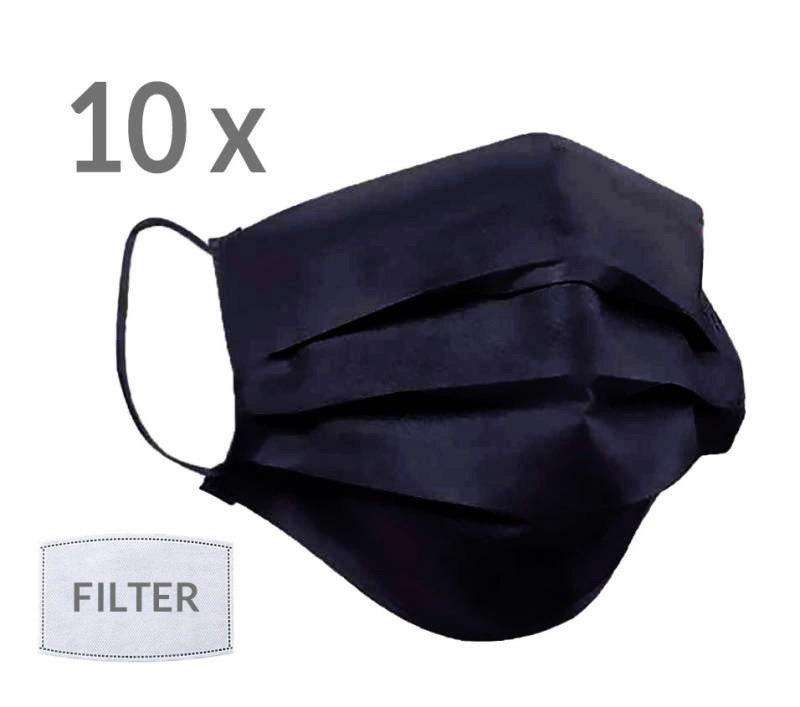 10 gab. x Qubo Melnā Face Mask Sejas 3-slāņu aizsargmaska ar gumijām mazgājama ar filtru